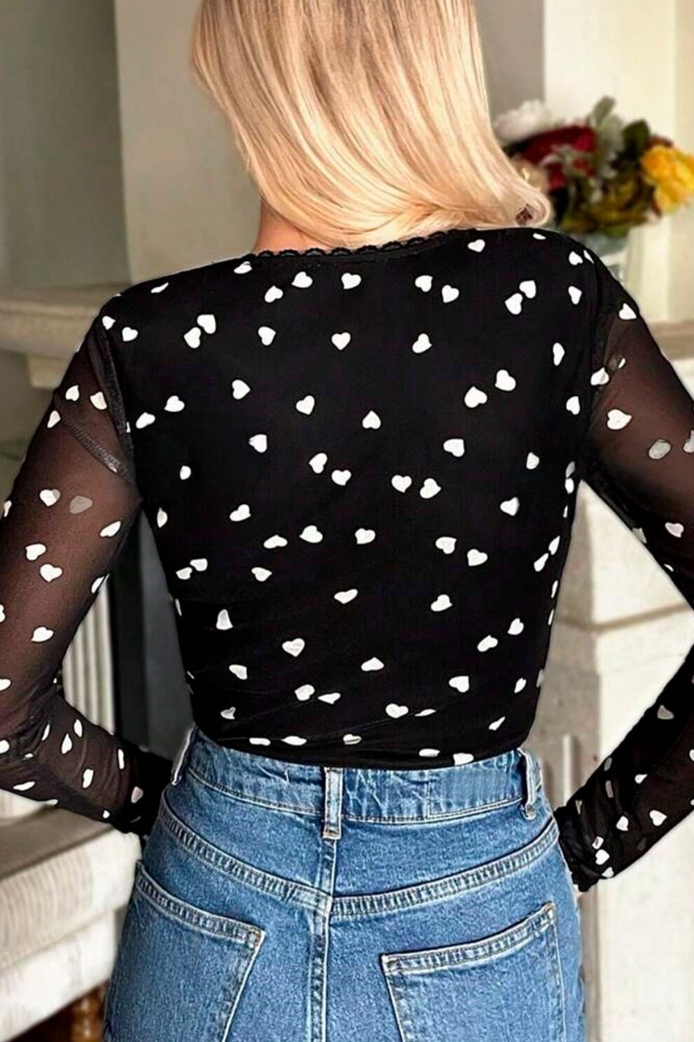 Heart Square Neck Long Sleeve Bodysuit-S-XL