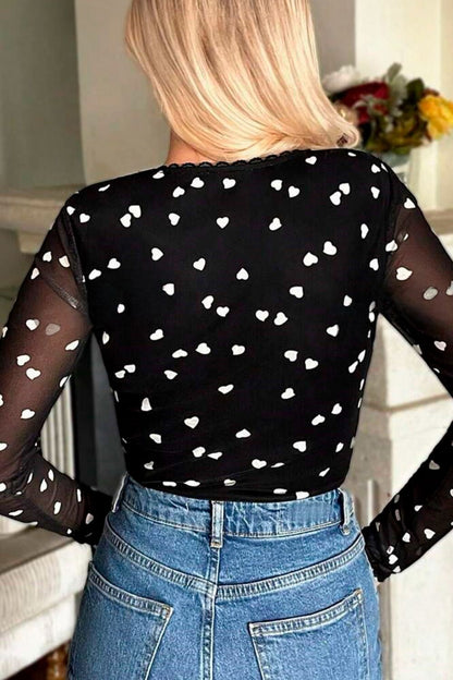 Heart Square Neck Long Sleeve Bodysuit-S-XL