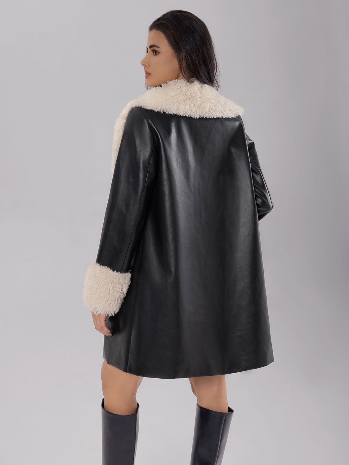 Fuzzy Long Sleeve Longline PU Leather Coat-SMALL-XL