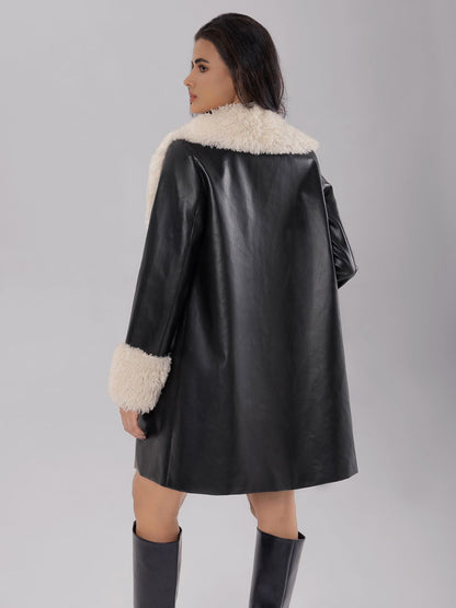 Fuzzy Long Sleeve Longline PU Leather Coat-SMALL-XL