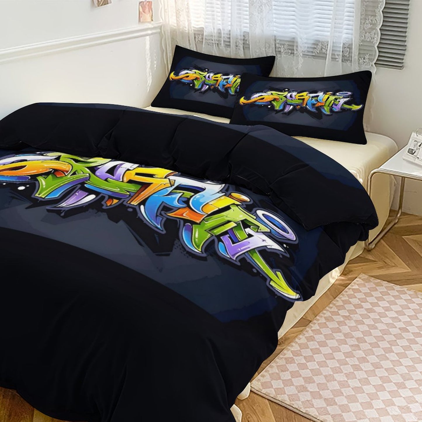 COLORFUL GRAFFITI 3-Piece Bedding Set-90"x90"/ 229x229cm-QUEEN SIZE or FULL SIZE (Dual-sided Image)