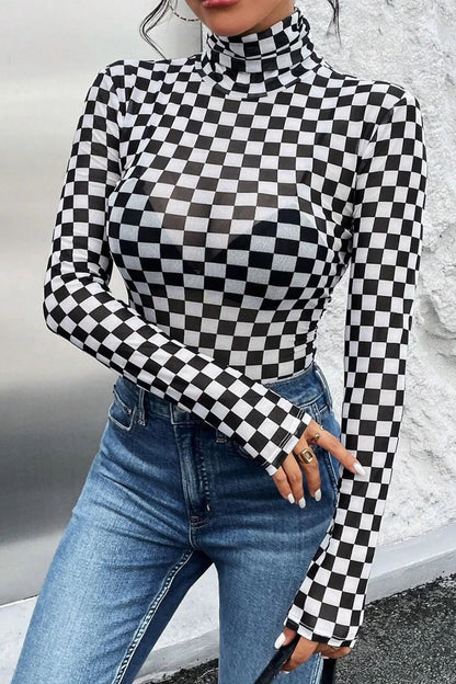 Checkered Turtleneck Long Sleeve Bodysuit (black/dark brown)-SMALL-XL