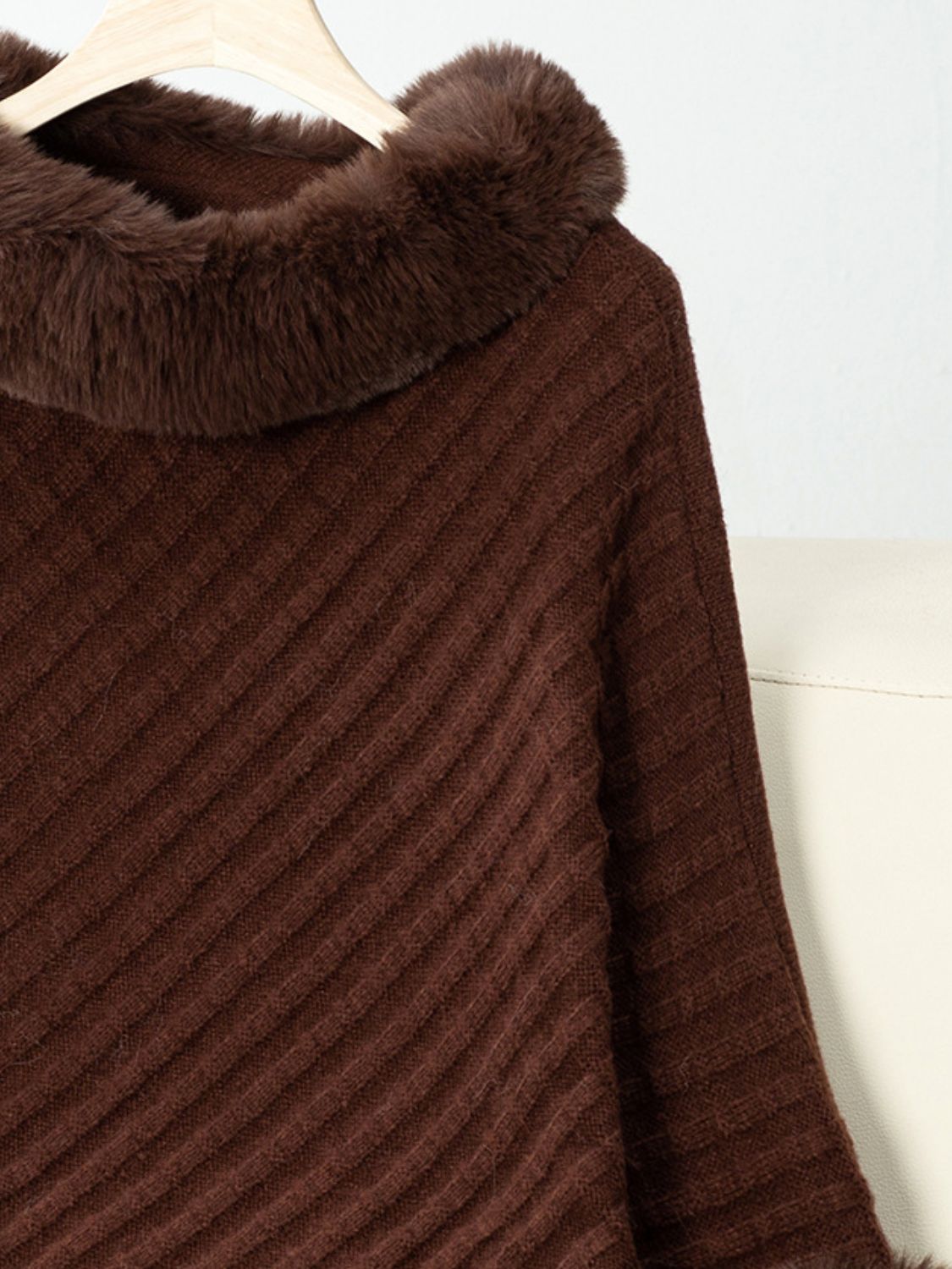 Fuzzy Trim Texture Three-Quarter Sleeve Poncho (beige/camel/grey/brown/black/burgundy)