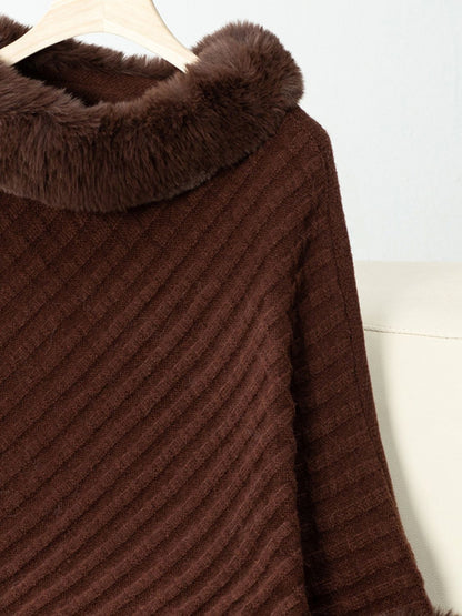 Fuzzy Trim Texture Three-Quarter Sleeve Poncho (beige/camel/grey/brown/black/burgundy)