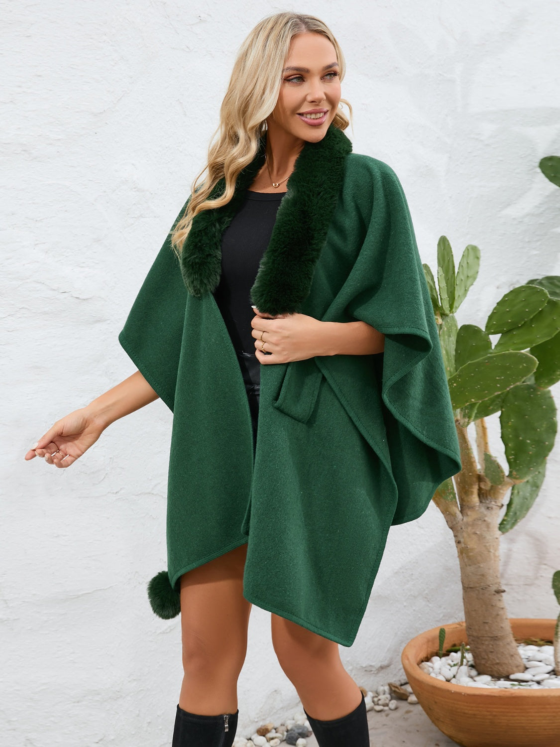 Fuzzy Trim Open Front Poncho (grey/black/green/cream/mocha/camel)