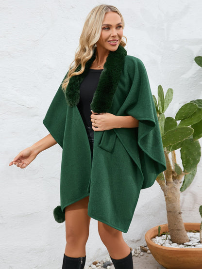 Fuzzy Trim Open Front Poncho (grey/black/green/cream/mocha/camel)