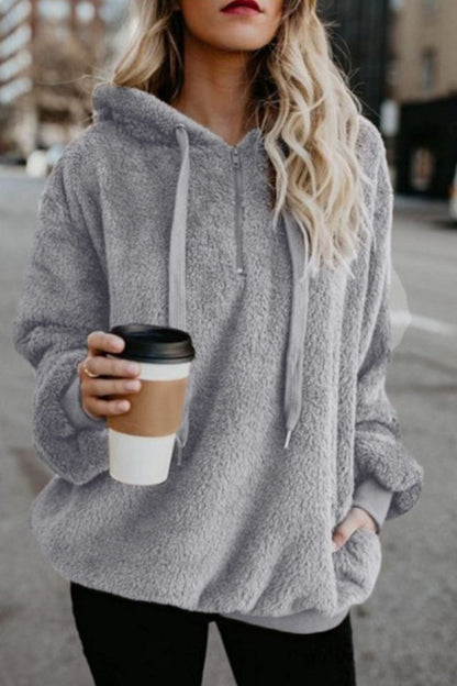 Full Size Quarter-Zip Drawstring Teddy Hoodie (many colors)-SMALL-3XL