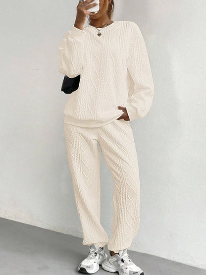 Texture Round Neck Top and Pants Set (white/black/pink/beige/green)-SMALL-2XL