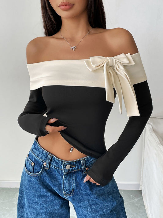 Bow Contrast Off-Shoulder Long Sleeve Top-SMALL-XL