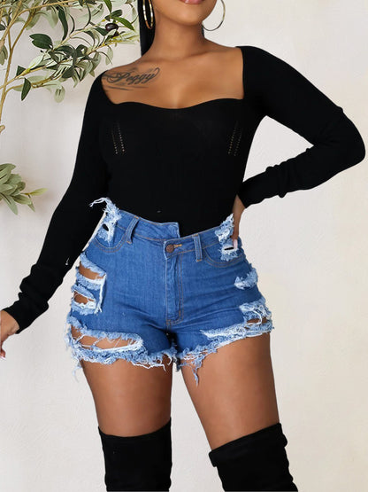 Distressed Raw Hem Denim Shorts with Pockets-SMALL-2XL