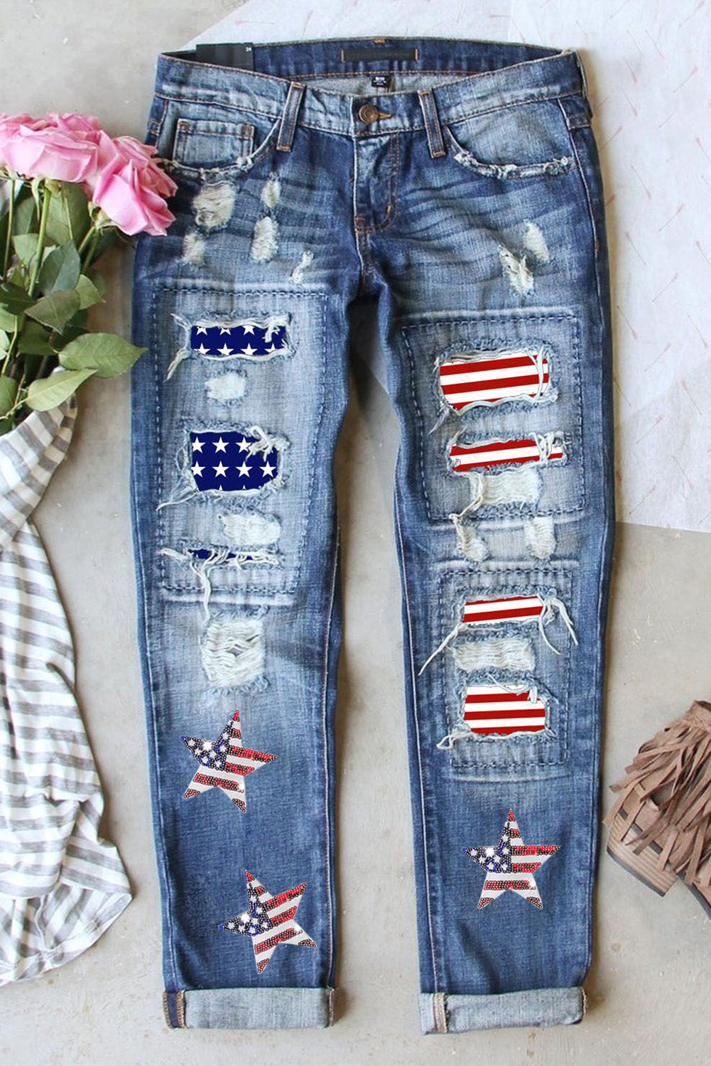 US Flag Mid-Rise Waist Straight Jeans-4-18