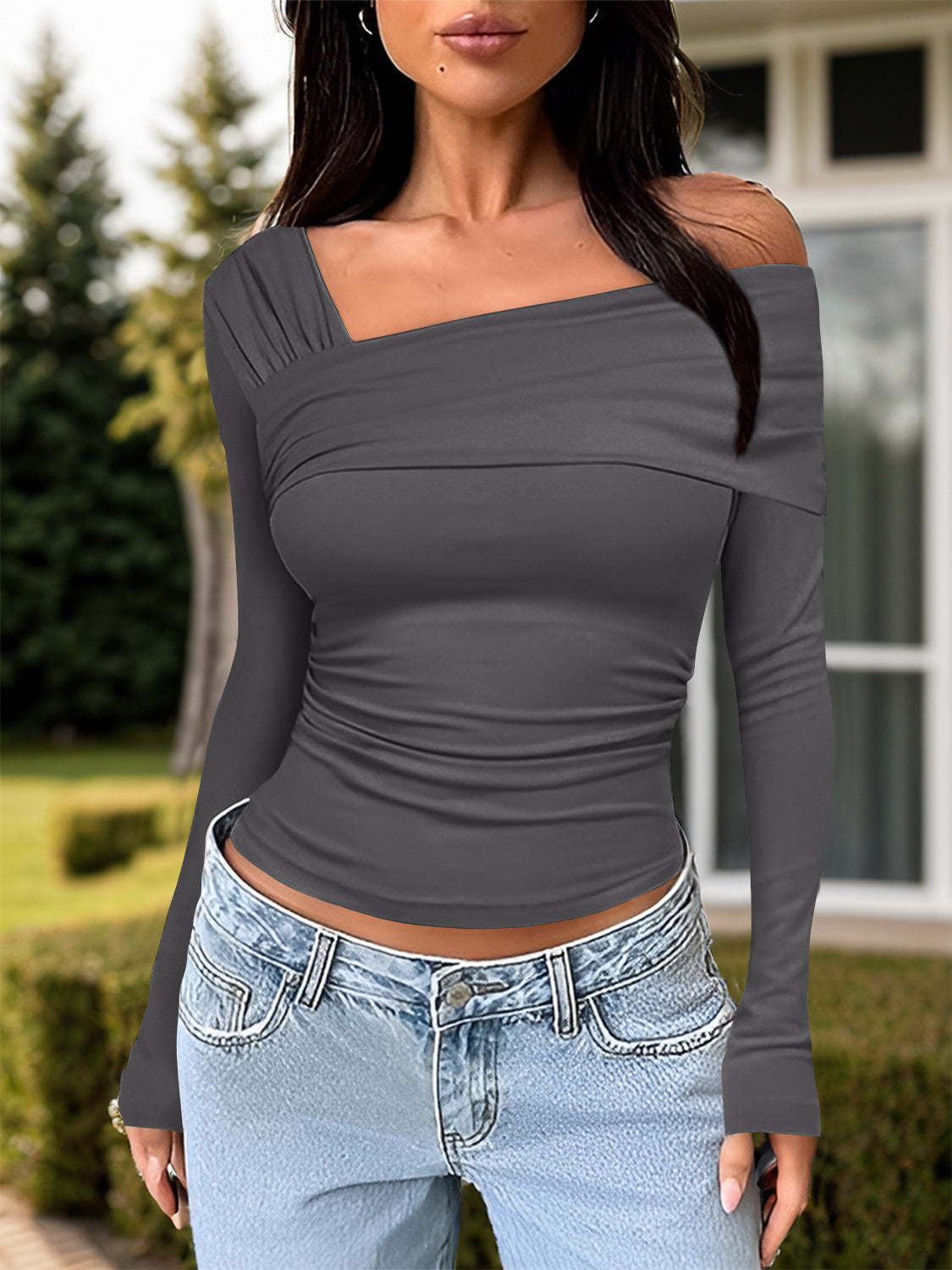 Ruched One Shoulder Long Sleeve Shirt (tan/grey/chocolate/pink/mocha/white/black)-S-XL