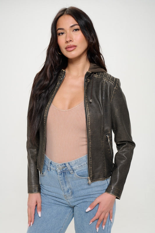 Coalition LA Zip Up Hooded Vegan Leather Jacket-S-XL
