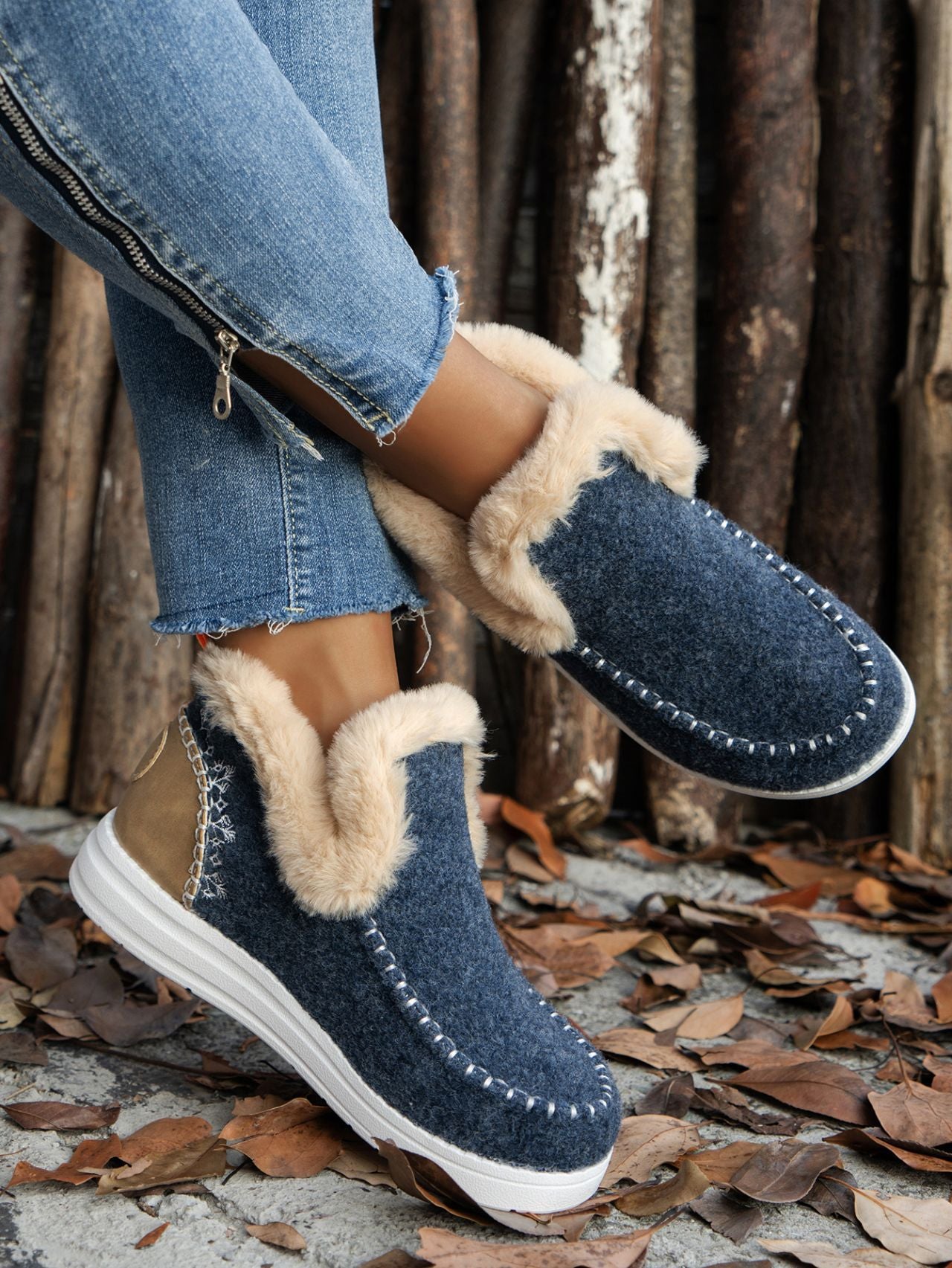 Furry Suede Round Toe Flat slip on boots (navy/chocolate/black/gray/beige)
