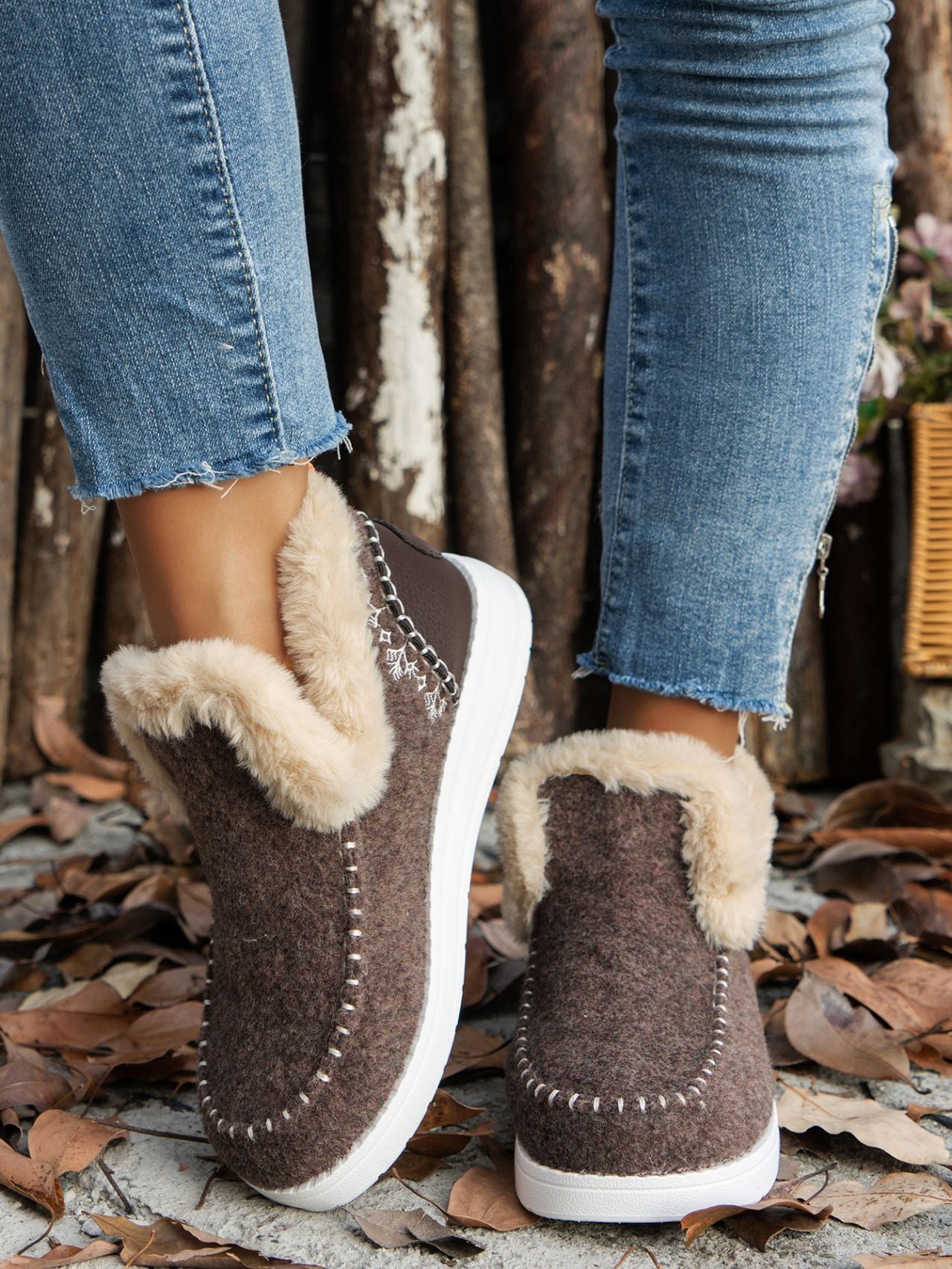 Furry Suede Round Toe Flat slip on boots (navy/chocolate/black/gray/beige)
