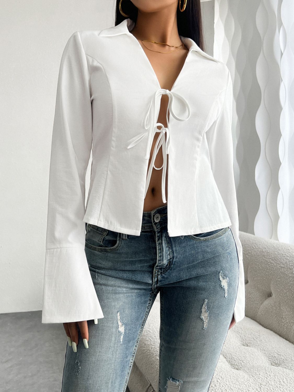 ON SALE:::Devine Slit Tied Collared Neck Long Sleeve Blouse-SMALL-XL