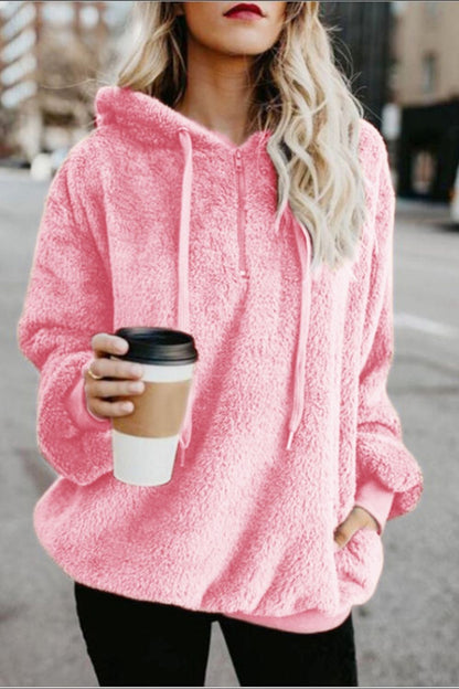 Full Size Quarter-Zip Drawstring Teddy Hoodie (many colors)-SMALL-3XL