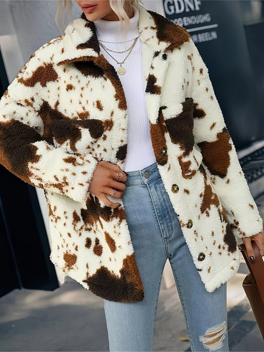 Cow Print Collared Neck Button Up Fuzzy Jacket (white and ivory)-SMALL-XL