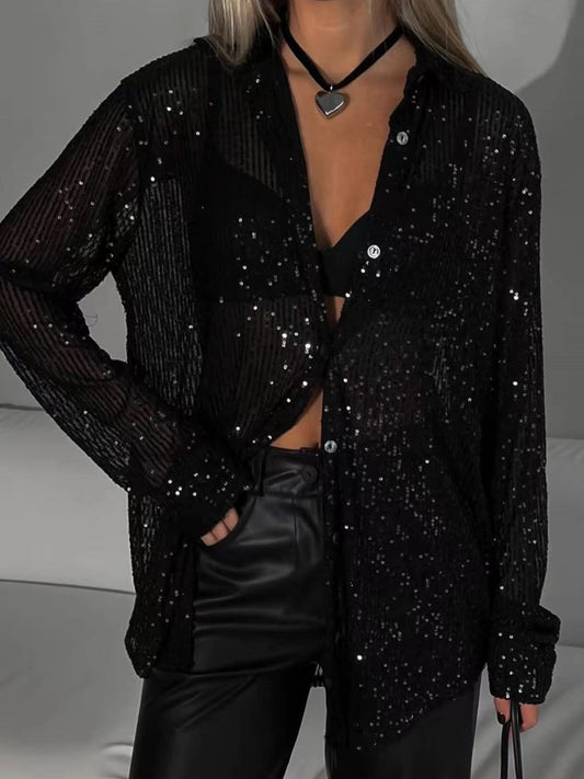 Sequin Button Up Long Sleeve Shirt (black/white/cream)-SMALL-2XL