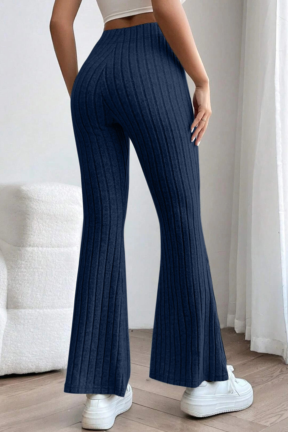 0N SALE:::Full Size Ribbed High Waist Flare Pants (black/blue/teal/grey)-SMALL-3XL