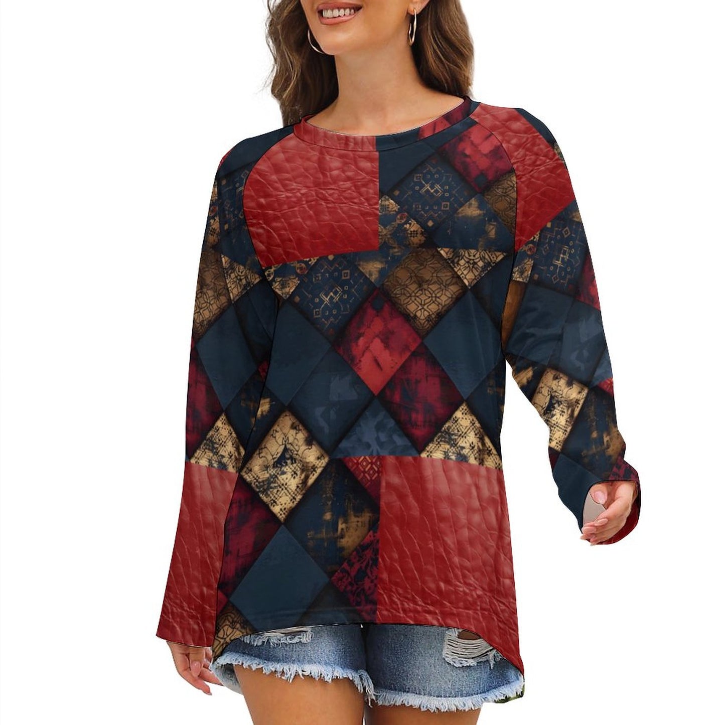 TRIANGLES & LEATHER Women's Long Sleeve Round Neck T-Shirt-SMALL-5XL