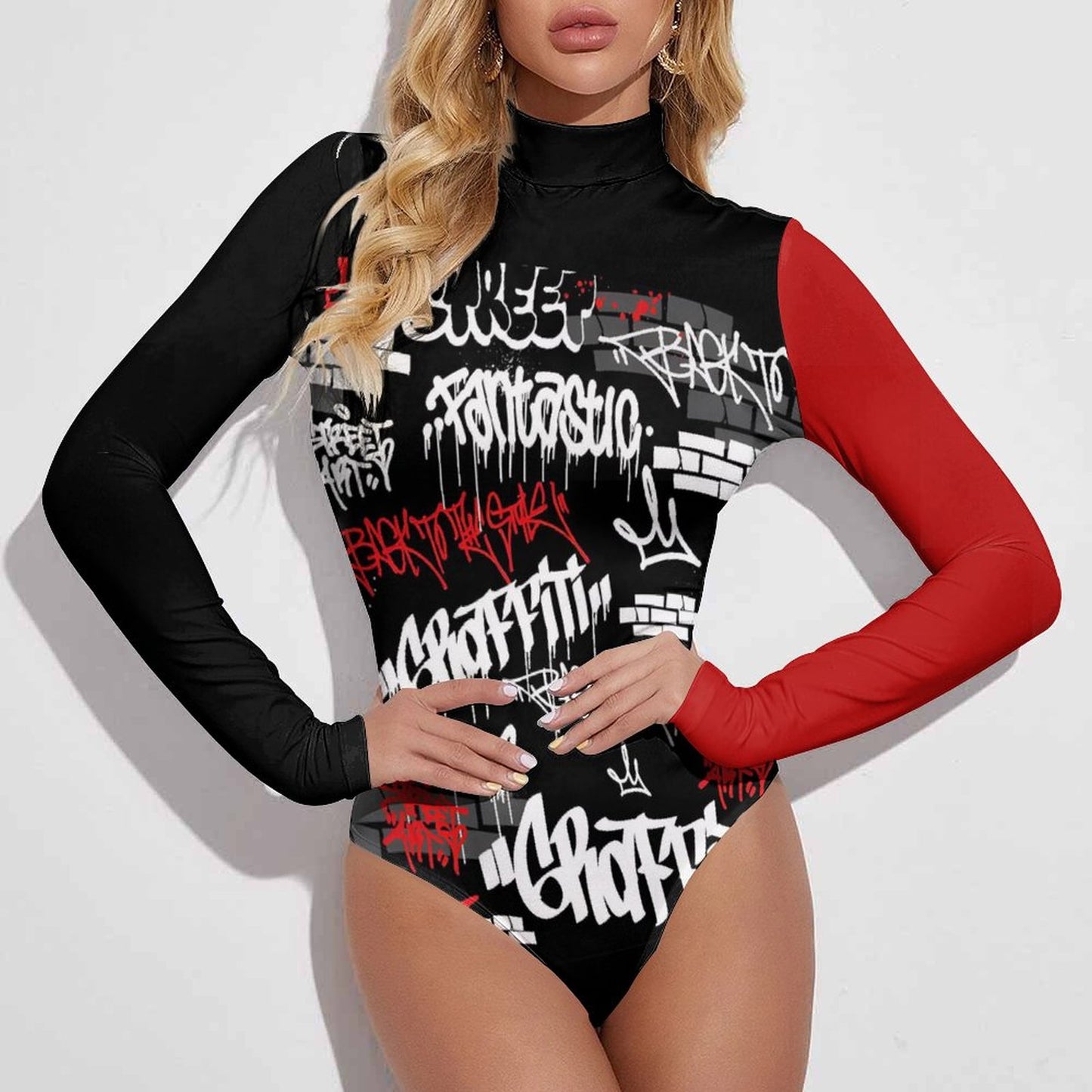 B/R/W GRAFFITI High-collar Long-sleeve Bodysuit