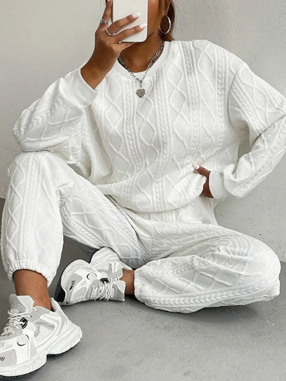Texture Round Neck Top and Pants Set (white/black/pink/beige/green)-SMALL-2XL