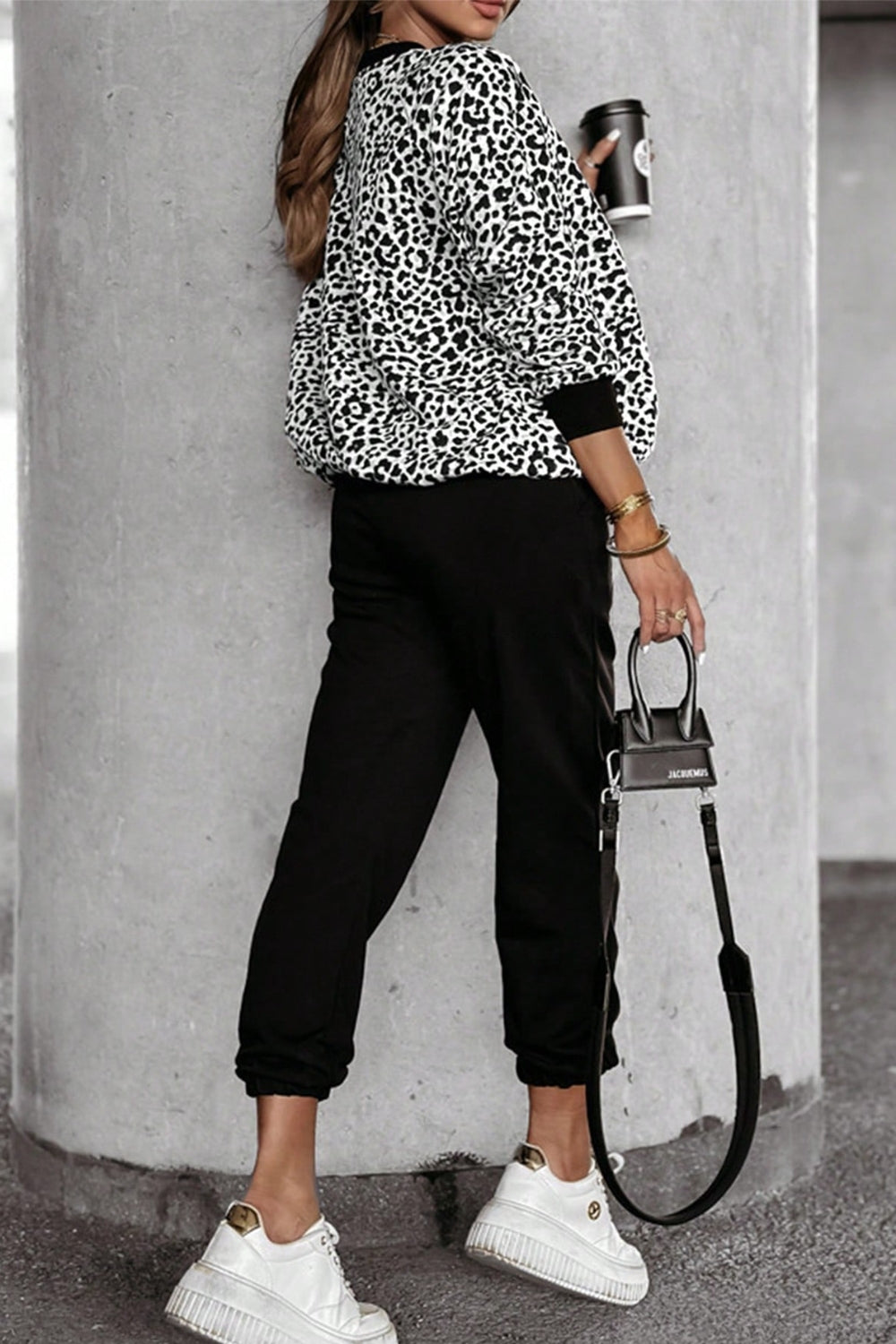 ON SALE::::Letter M Leopard Round Neck Top and Pants Set (white/burgundy/tan)-S-XL