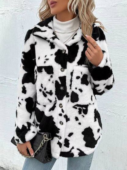 Cow Print Collared Neck Button Up Faux Fur Jacket (WHITE & BLACK/*IVORY & BLACK) -SMALL-XL