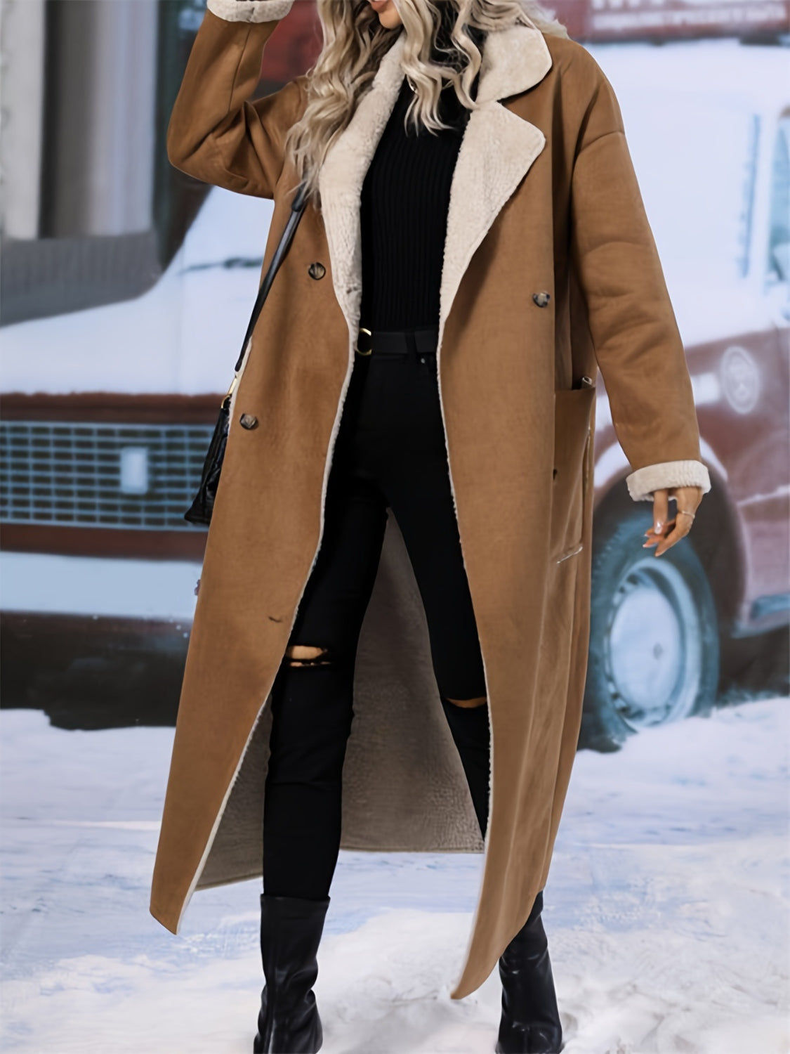 Plus Size Drop Shoulder Sherpa Longline Coat-1XL-5XL