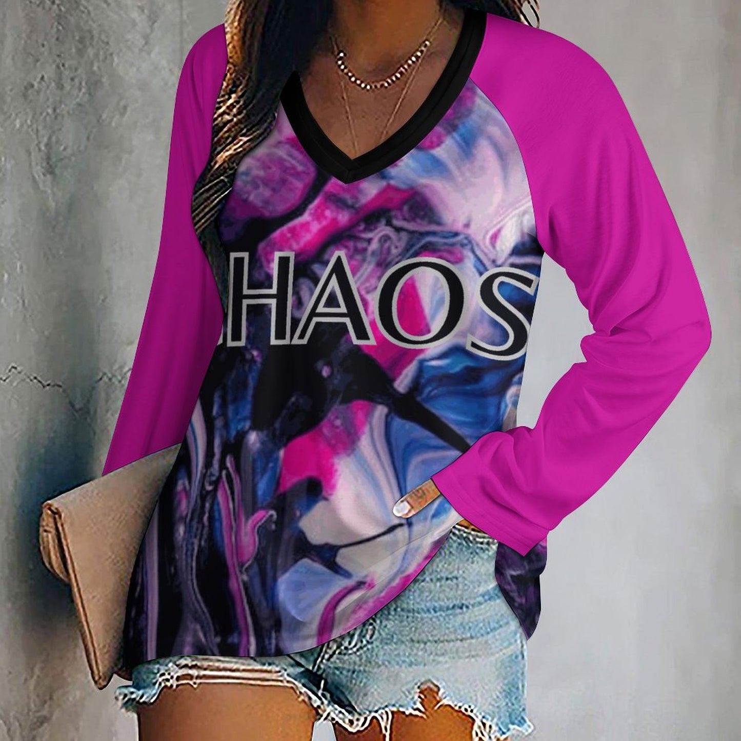 CHAOS V-neck Loose Long Sleeve T-shirt-SMALL-5XL