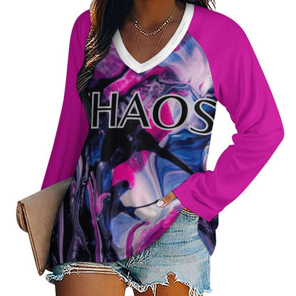 CHAOS V-neck Loose Long Sleeve T-shirt (pink)-SMALL-5XL)