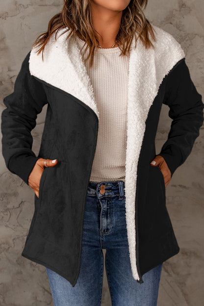 Open Front Long Sleeve Sherpa Jacket (caramel/blush pink/grey/black)-SMALL-XL