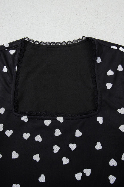 Heart Square Neck Long Sleeve Bodysuit-S-XL