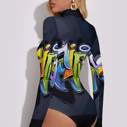 COLORFUL GRAFFITI High-collar Long-sleeve Bodysuit-SMALL-2XL
