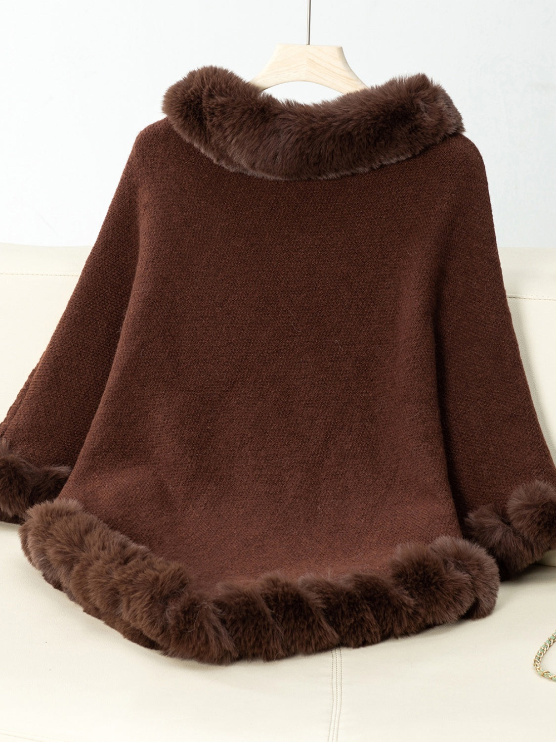 Fuzzy Trim Texture Three-Quarter Sleeve Poncho (beige/camel/grey/brown/black/burgundy)