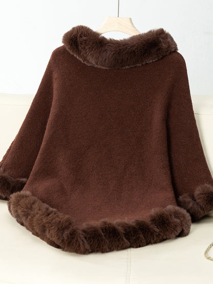 Fuzzy Trim Texture Three-Quarter Sleeve Poncho (beige/camel/grey/brown/black/burgundy)