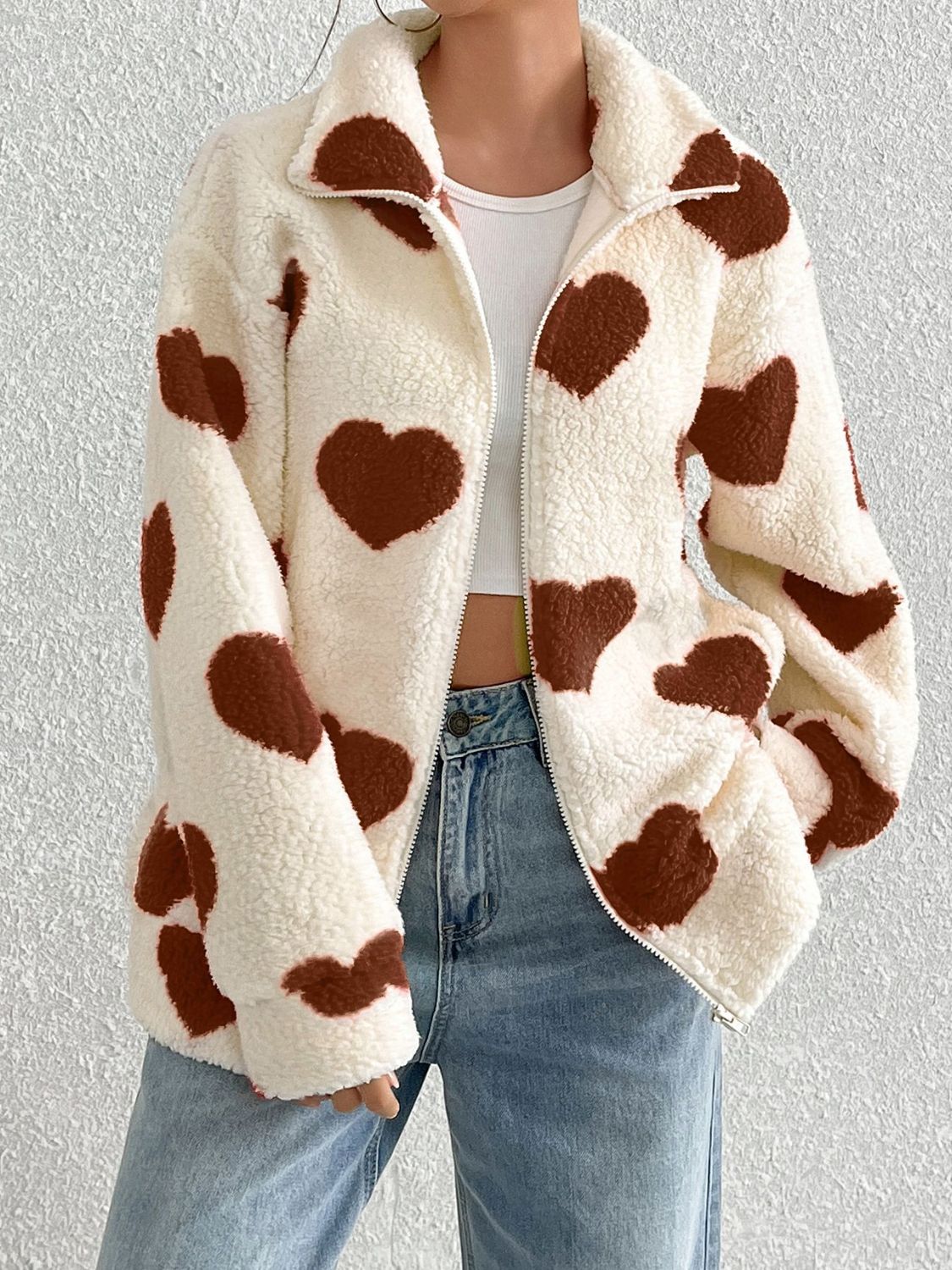 Heart Zip Up Drop Shoulder Furry Jacket (red/brown/black)-SMALL-2XL