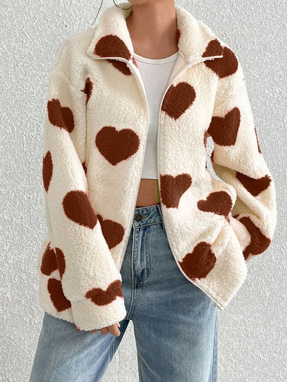 Heart Zip Up Drop Shoulder Furry Jacket (red/brown/black)-SMALL-2XL