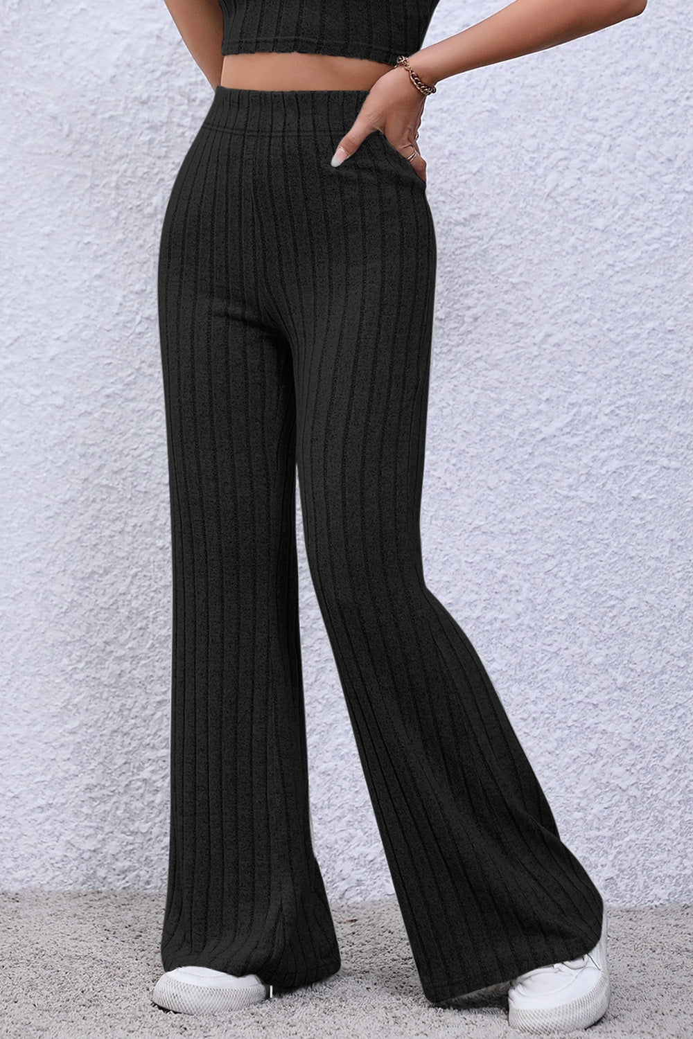 0N SALE:::Full Size Ribbed High Waist Flare Pants (black/blue/teal/grey)-SMALL-3XL