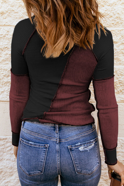 Color Block Round Neck Long Sleeve Blouse (brown/grey/white/kaki/burgundy/blue/green)-S-XL