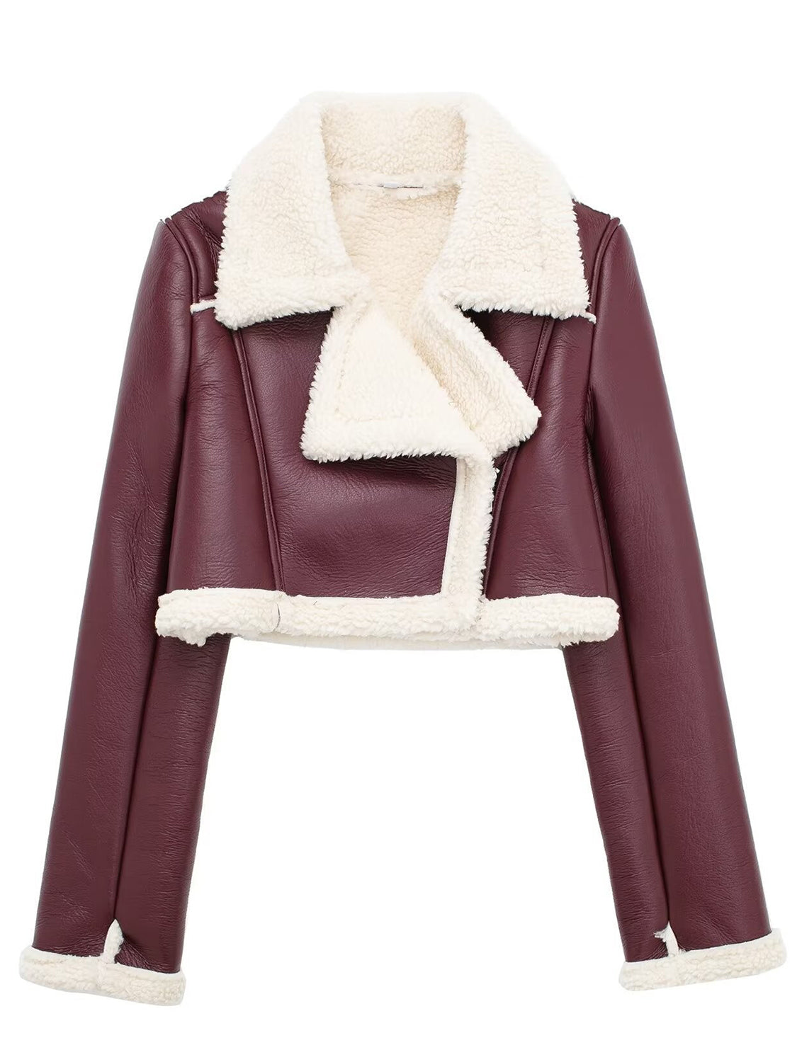 Collared Neck Long Sleeve Plush Cropped Leather Jacket (chocolate & white/black & white/mustard & white/black & reddish brown/brown & reddish brown/coffee brown/burgundy)-SMALL-LARGE