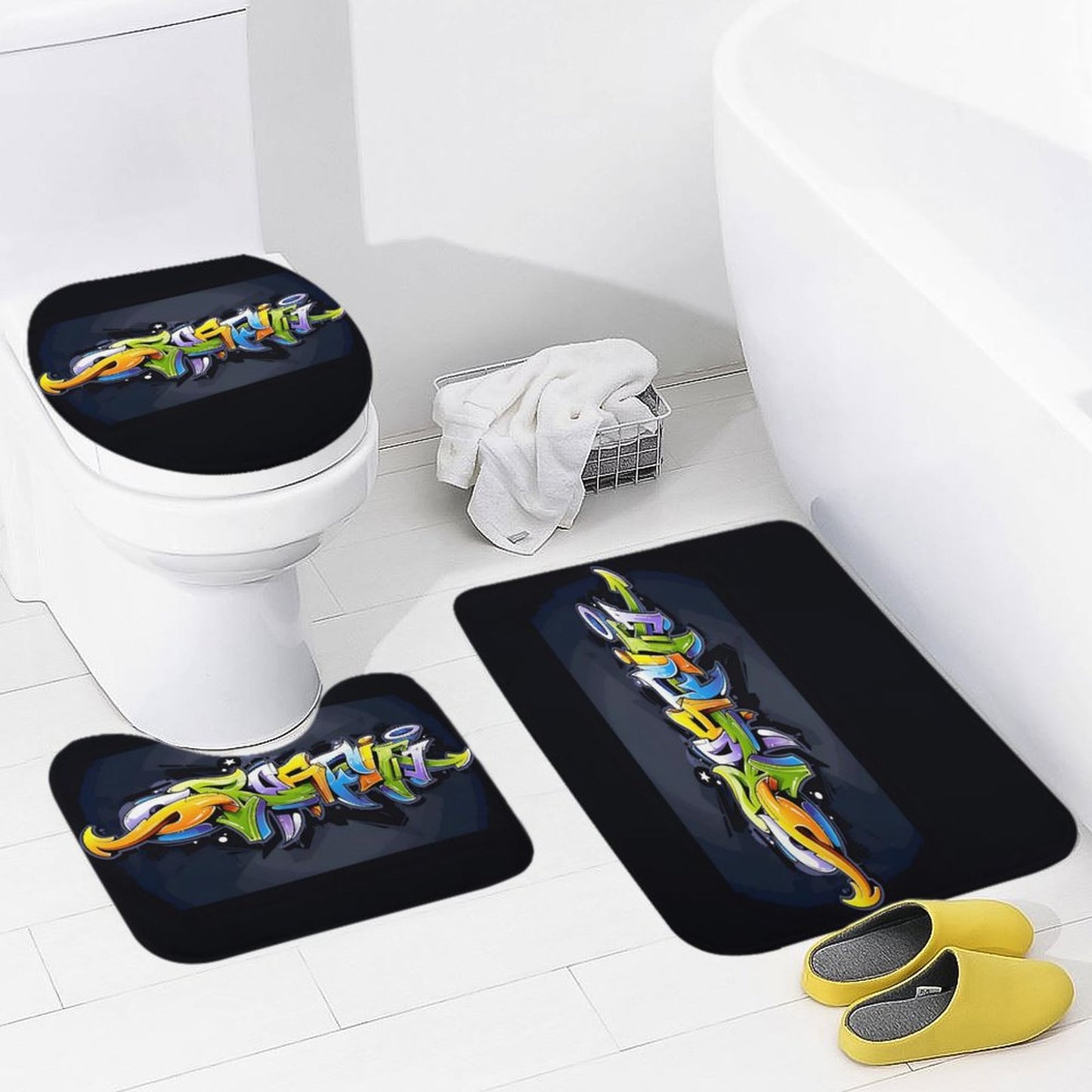 COLORFUL GRAFFITI Coral Velvet Restroom Rug Set of 3-15.7"x23.6"/ 40x60cm