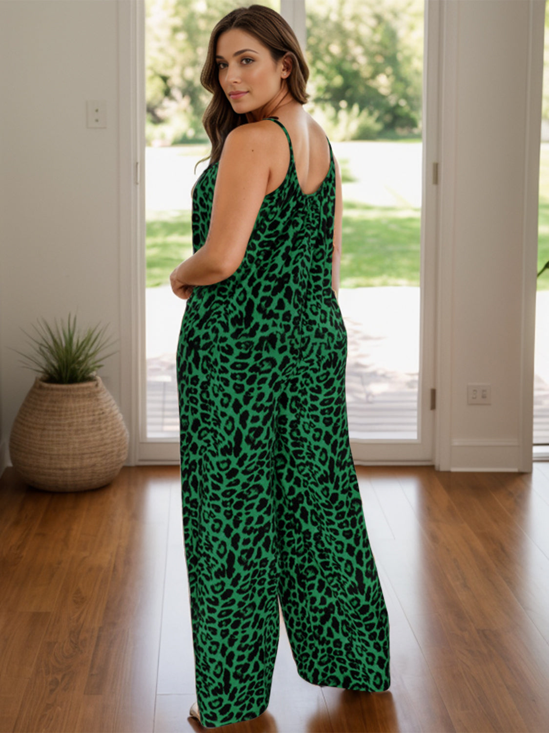 ON SALE:::Full Size Leopard Scoop Neck Wide Leg Jumpsuit-SMALL-3XL (caramel/purple/dark green/teal/yellow-green-terracotta)