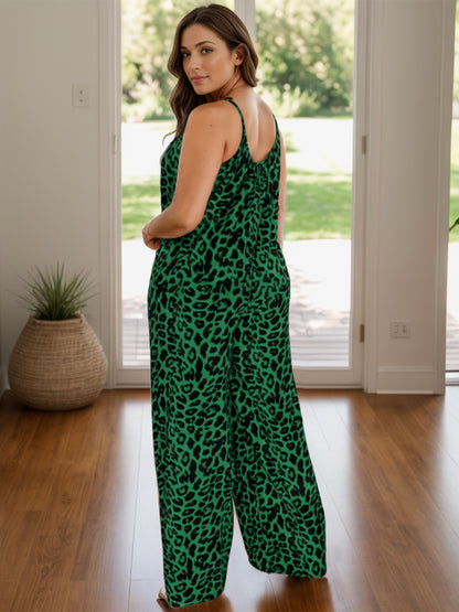 ON SALE:::Full Size Leopard Scoop Neck Wide Leg Jumpsuit-SMALL-3XL (caramel/purple/dark green/teal/yellow-green-terracotta)