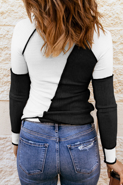 Color Block Round Neck Long Sleeve Blouse (brown/grey/white/kaki/burgundy/blue/green)-S-XL
