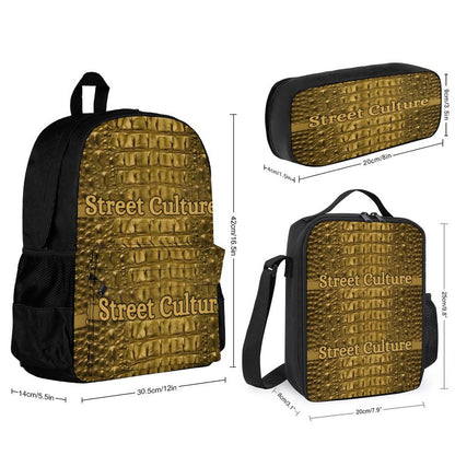 STREET CULTURE Alligator Set of 3 Bags (Backpack/Insulated Lunch Bag/Pencil or Glasses Case) Pouch)