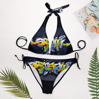 COLORFUL GRAFFITI Two Piece Halter Swimsuit-*XS-2XL