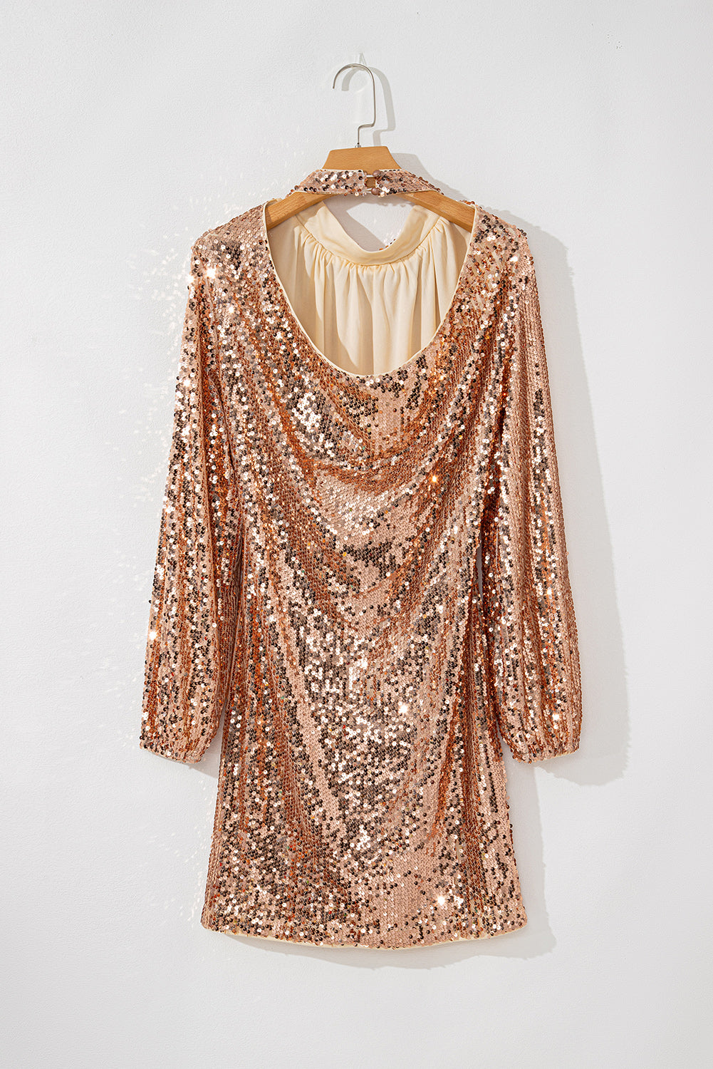 Backless Sequin Mock Neck Long Sleeve Mini Dress-S-XL
