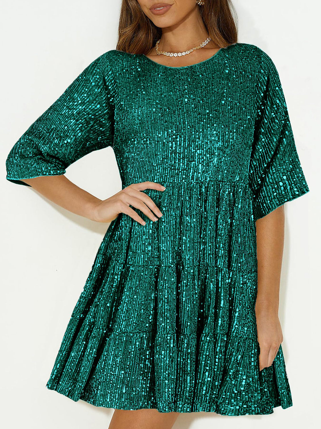 Full Size Sequin Round Neck Half Sleeve Mini Dress-SMALL-3XL (Many colors)